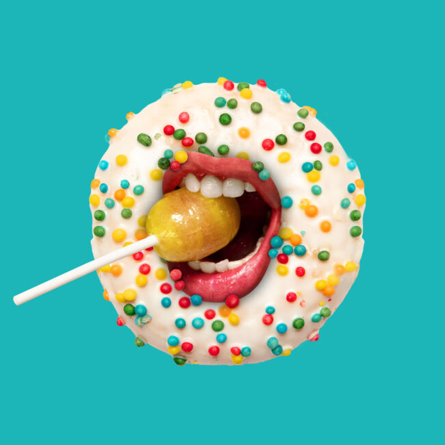 Female lips inside donut on turquoise background. Modern design, contemporary creative art collage. Inspiration, idea, trendy urban magazine style, fashion and style. Copyspace for your text or ad.