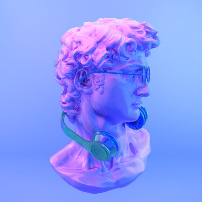 Gypsum statue of David's head. Creative. Plaster statue of David's head in blue sunglasses and crown. Minimal concept art.